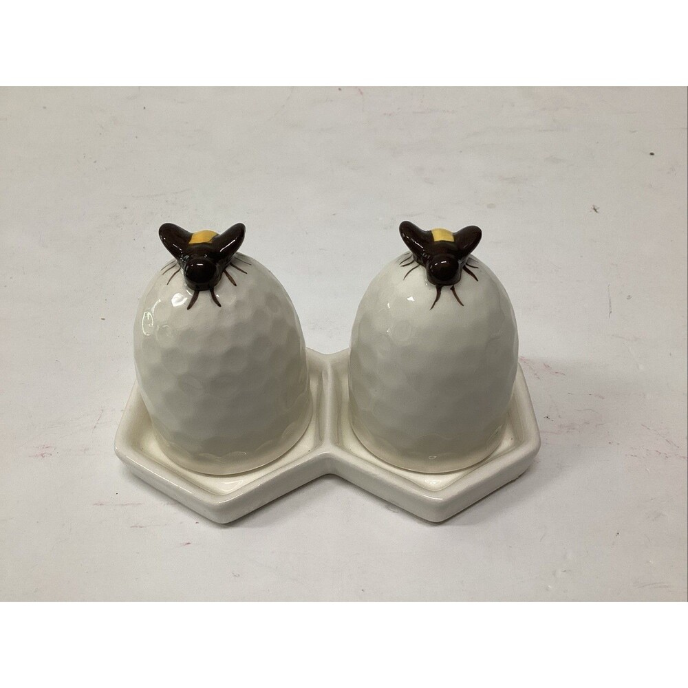 creative co-op dolomite honeycomb salt & pepper shakers tray bee hive